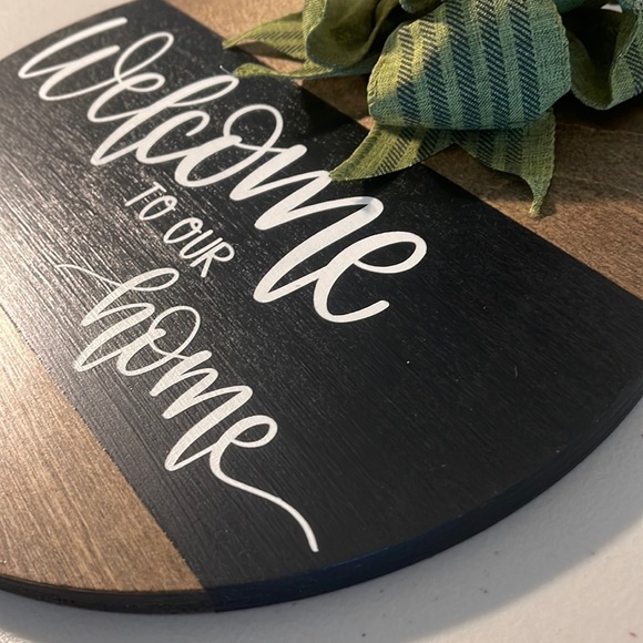 Hand Crafted Welcome Sign Wooden Hanging Sign with Bow and Greenery - Picture 2 of 5